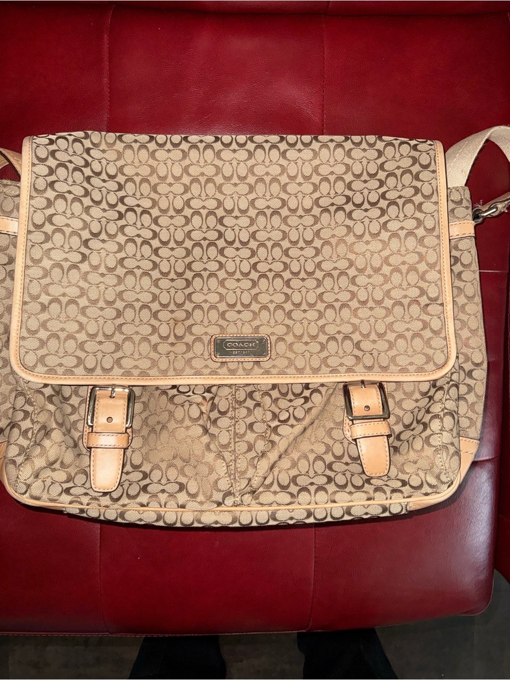 Coach Tan Signature Canvas Messenger Bag with Beige Trim